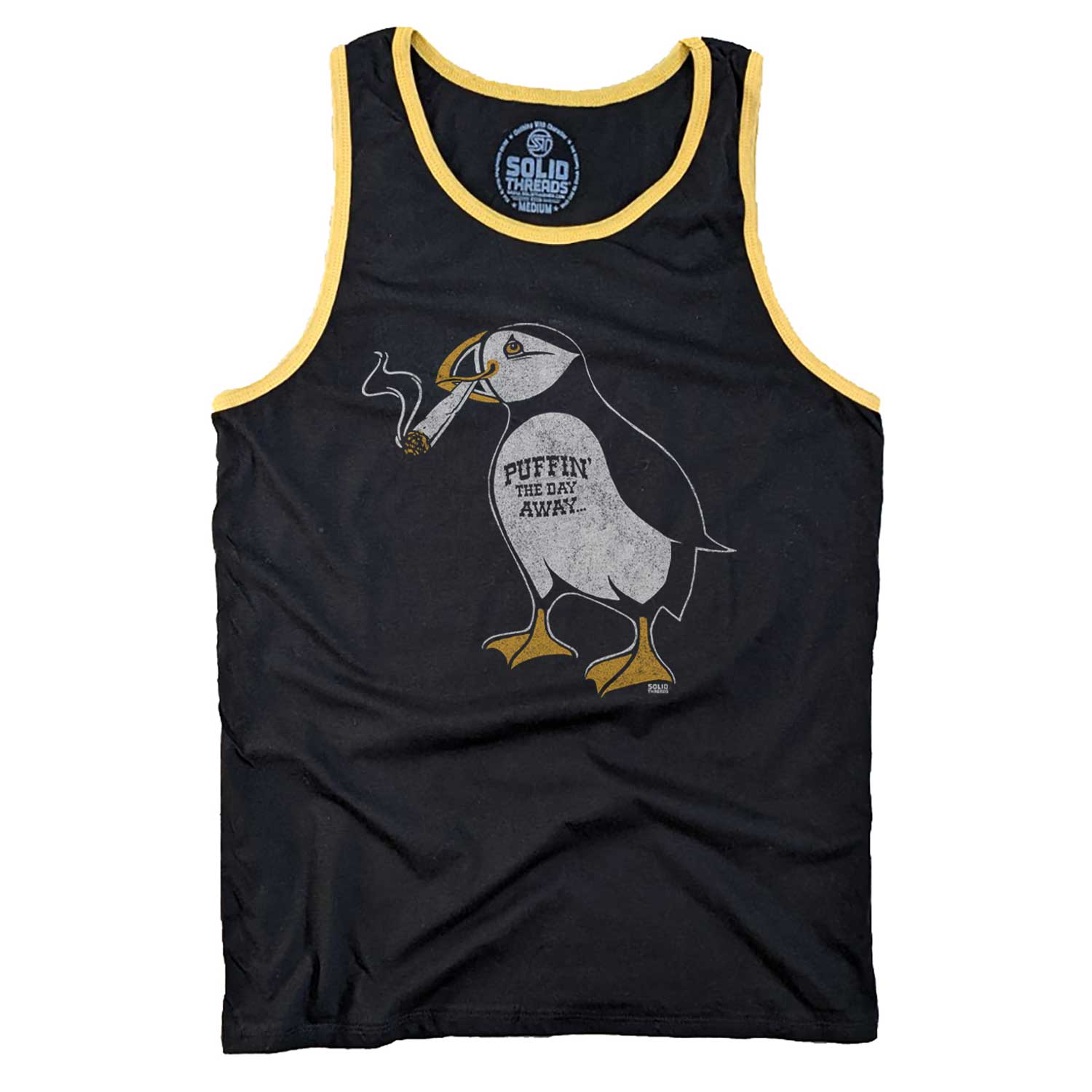 Men's Puffin The Day Away Funny Graphic Tank Top | Retro Marijuana Sleeveless Shirt | Solid Threads