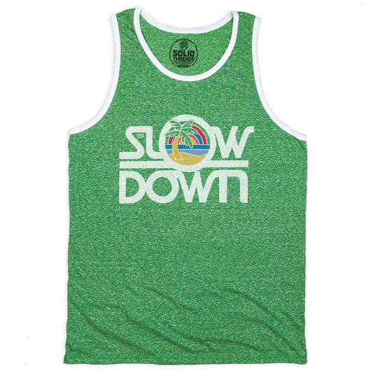 Men's Slow Down Vintage Graphic Tank Top | Retro Beach Vacation Sleeveless Shirt | Solid Threads