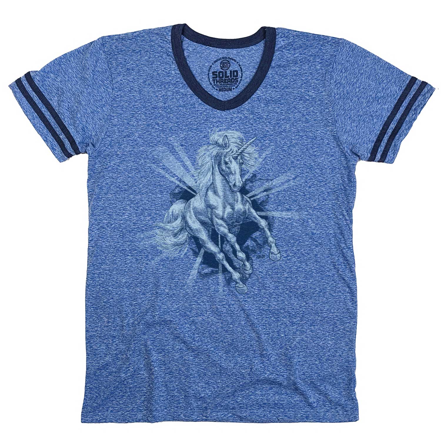 Men's Unicorn Chest Vintage Graphic V-Neck Tee | Funny Mythical T-shirt | Solid Threads