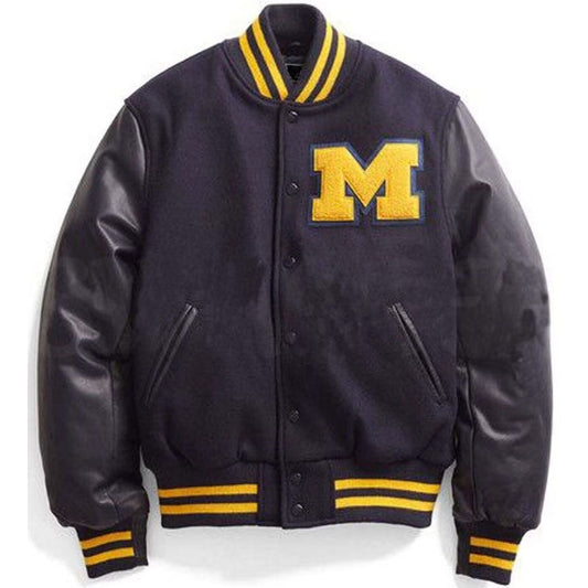 Michigan Black Wool and Black Leather Sleeve Letterman Varsity Bomber Jacket with M-Patch