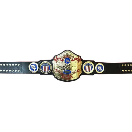 NWA United States wrestling championship belt with detailed gold plates and black leather strap