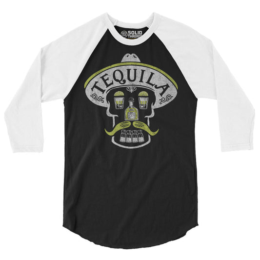 Tequila Skull Cool Drinking Graphic Raglan Tee | Vintage Party Baseball T-shirt | Solid Threads