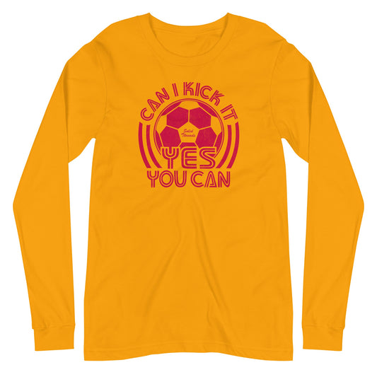 Can I Kick It Vintage Graphic Long Sleeve Tee | Retro Soccer T-Shirt Gold - Solid Threads