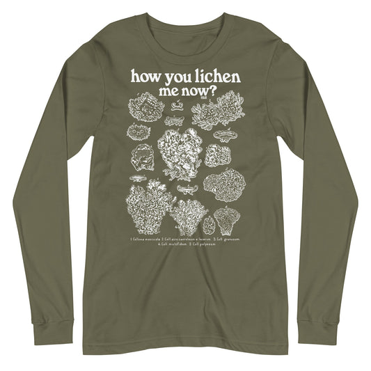 How You Lichen Me Now Vintage Graphic Long Sleeve Tee | Funny Fungi T-Shirt Military Green - Solid Threads