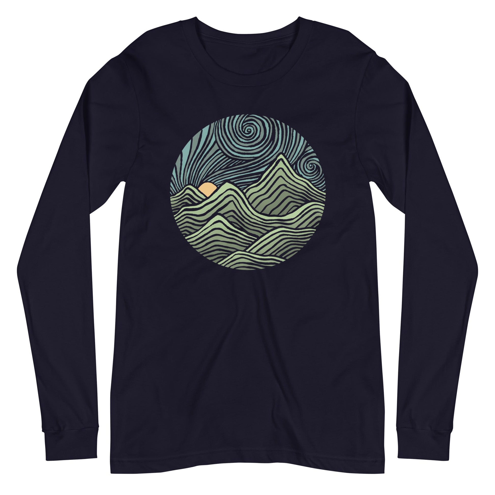 Swirly Mountains Vintage Graphic Long Sleeve Tee | Retro Nature T-Shirt | Solid Threads