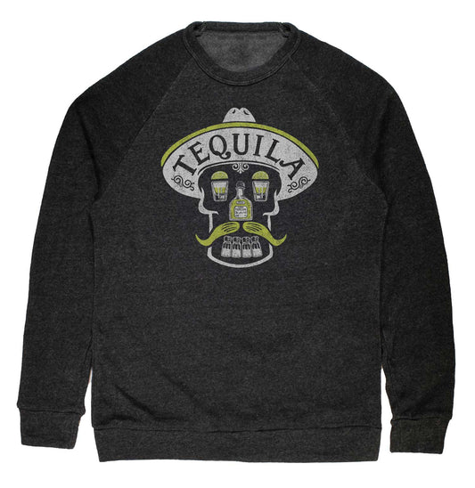 Unisex Tequila Skull Vintage Inspired Fleece | Funny Retro Drinking Graphic Pullover | Solid Threads