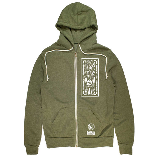Trippy Mushrooms Vintage Zip Up Hoodie | Cool Psychedelic Nature Graphic | Solid Threads