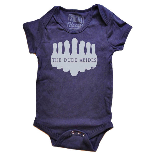 Baby Dude Abides Funny 90s Movie Graphic One Piece | Retro Coen Brothers Romper | Solid Threads