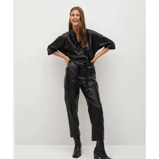 Women's Black One Piece Real Leather Dress Jumpsuit