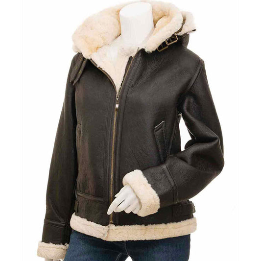 Women’s Shearling Brown Leather Bomber Jacket with Hood