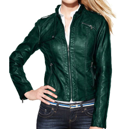 Women’s Zipper Moto Green Designer Leather Jacket