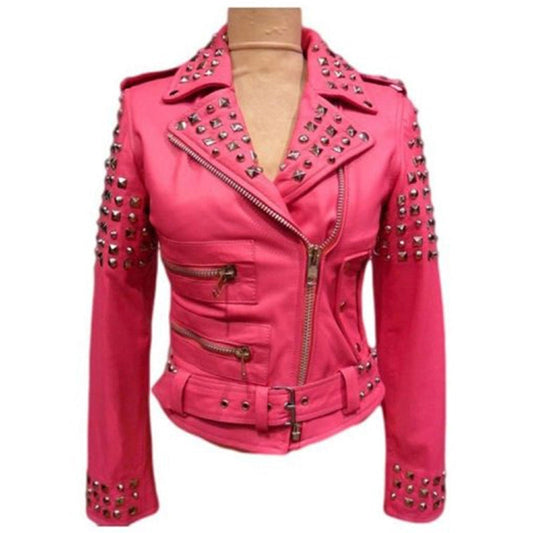 Women’s Pink Silver Studded Motorcycle Leather Jacket