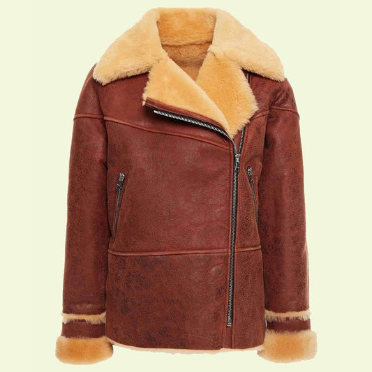 Women's Shearling Distressed Brown Leather Jacket