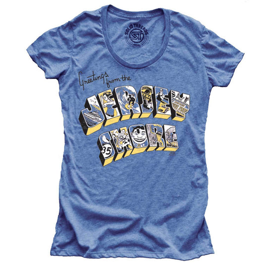 Women's Greetings From The Jersey Shore Cool Graphic T-Shirt | Vintage NJ Tee | Solid Threads