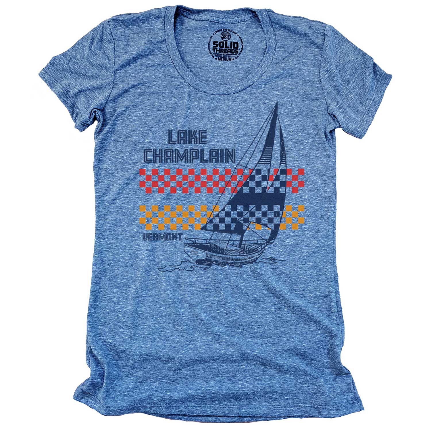 Women's Lake Champlain Vermont Vintage T-shirt | Cool Retro Sailboat Graphic Tee | Solid Threads
