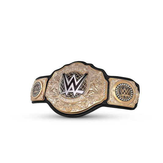 WWE World Heavyweight Title belt for sale with gold plates and black leather strap from Shops Gear Hikes