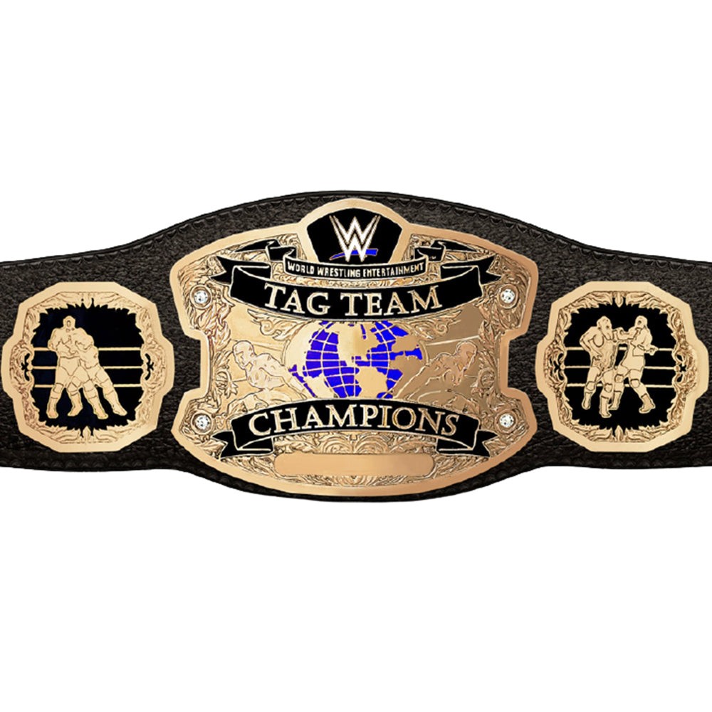 WWE tag team championship belt with detailed gold plates and black leather strap from Shops Gear Hikes