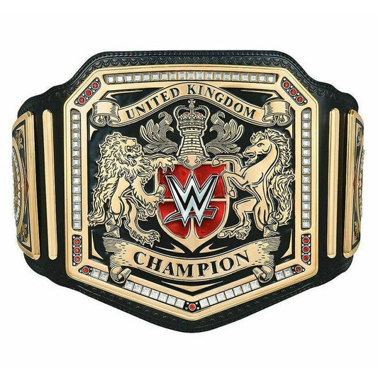 WWE UK championship belt with detailed gold design and red WWE logo on black strap